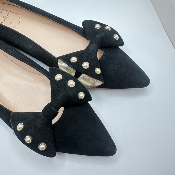 Roger Vivier Black Suede Lolita Pearl Embellished Bow Ballet Flats Sz 39 - Picture 4 of 13